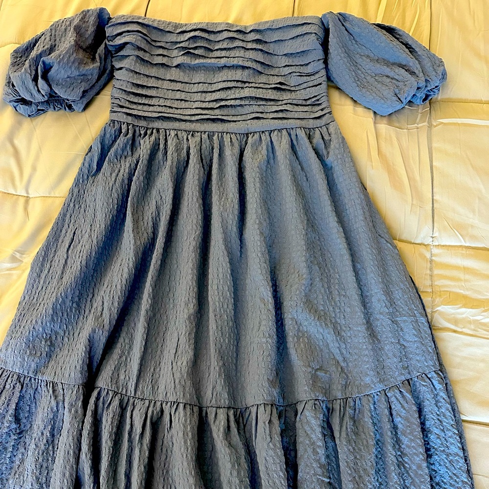 Abercrombie and Fitch NWT blue, soft midi off the shoulder dress with pockets.